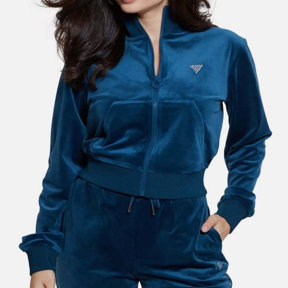 Guess Couture Full Zip Cropped Sweatshirt Deep Opal Blue Medium